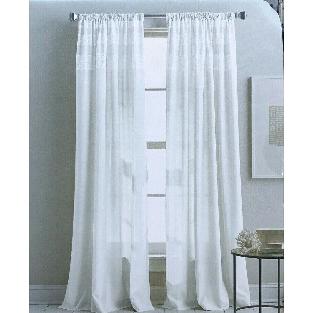 DKNY 2 Window Panels Curtains White Rod Pocket 50x96 City Lace Trim Drapes New